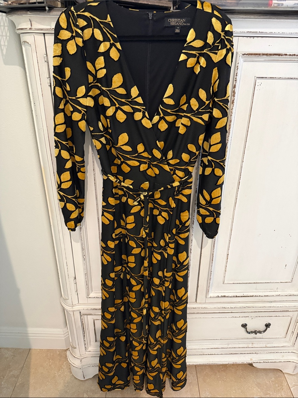 Christian Siriano Black Maxi Wrap Dress with Yellow Leaf Print